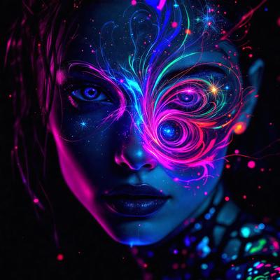 The primary subject of the image is a woman with a unique and colorful appearance. She has a blue and pink face, and her eyes are glowing with a blue light. The setting is a dark room, and the visual style is a digital art or illustration. The colors and mood of the image are vibrant and lively, creating a striking and eye-catching portrait.